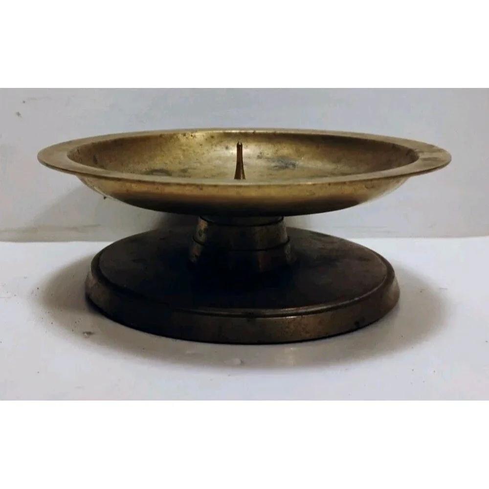 Vtg Heavy Solid Brass Pricket Candle Holder Low Profile Saucer Pillar Stand 2